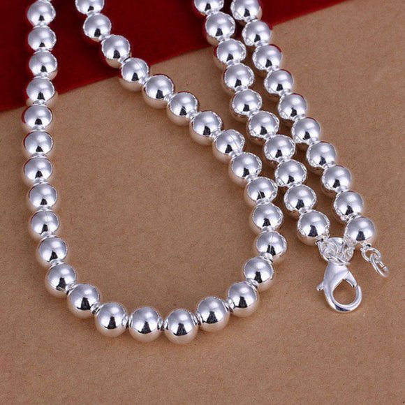 925 Sterling Silver Simple Bead Necklace 8 mm - Picture 2 of 3